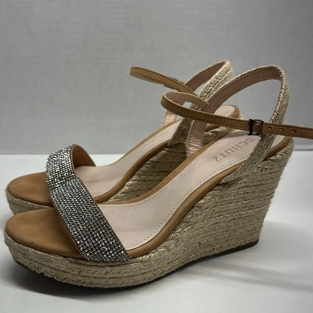 Schutz Salita Wedges High Heel Shoes Espadrilles Rhinestones Ankle Strap 8.5